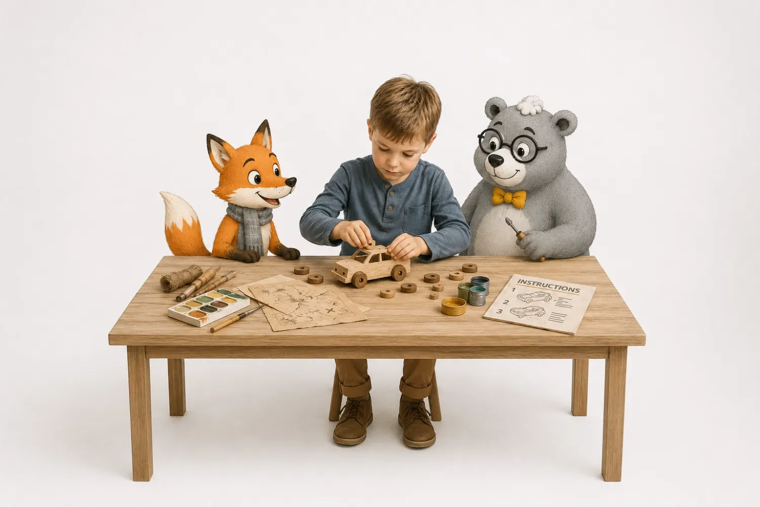Ein Kind baut mit Popcorn und Freddy ein Holzauto
